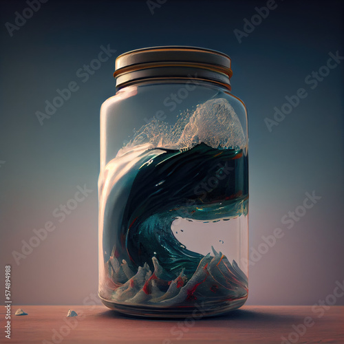  An illustration of a tsunami wave trapped inside a glass jar, conveying a sense of power and containment.
