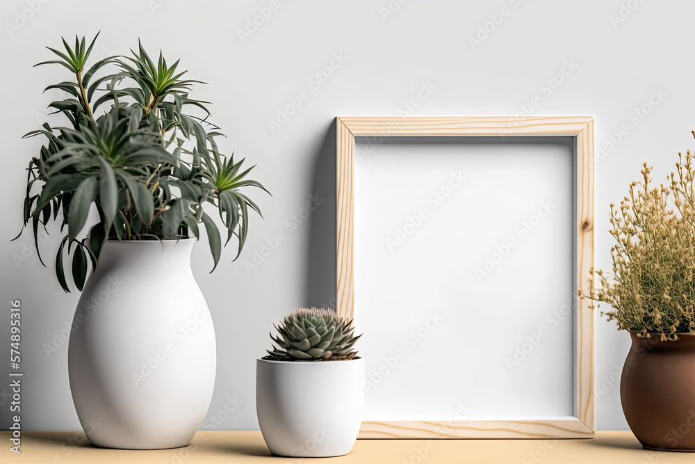 Mockup of a frame and plant vase. Generative AI