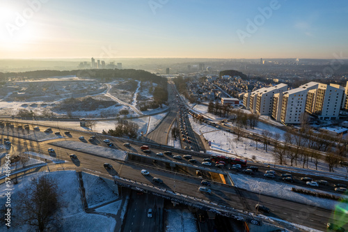 Aerial beautiful winter morning view of traffic jam in Seskine district  Vilnius  Lithuania