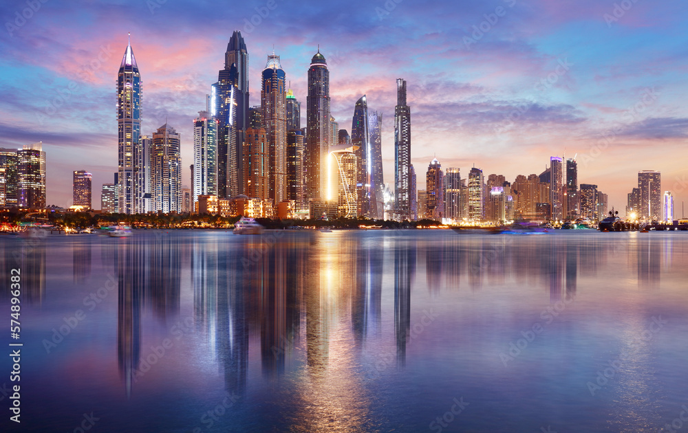 Dubai panorama skyline at dramatic sunset in Marina, United Arab Emirates - obrazy, fototapety, plakaty 