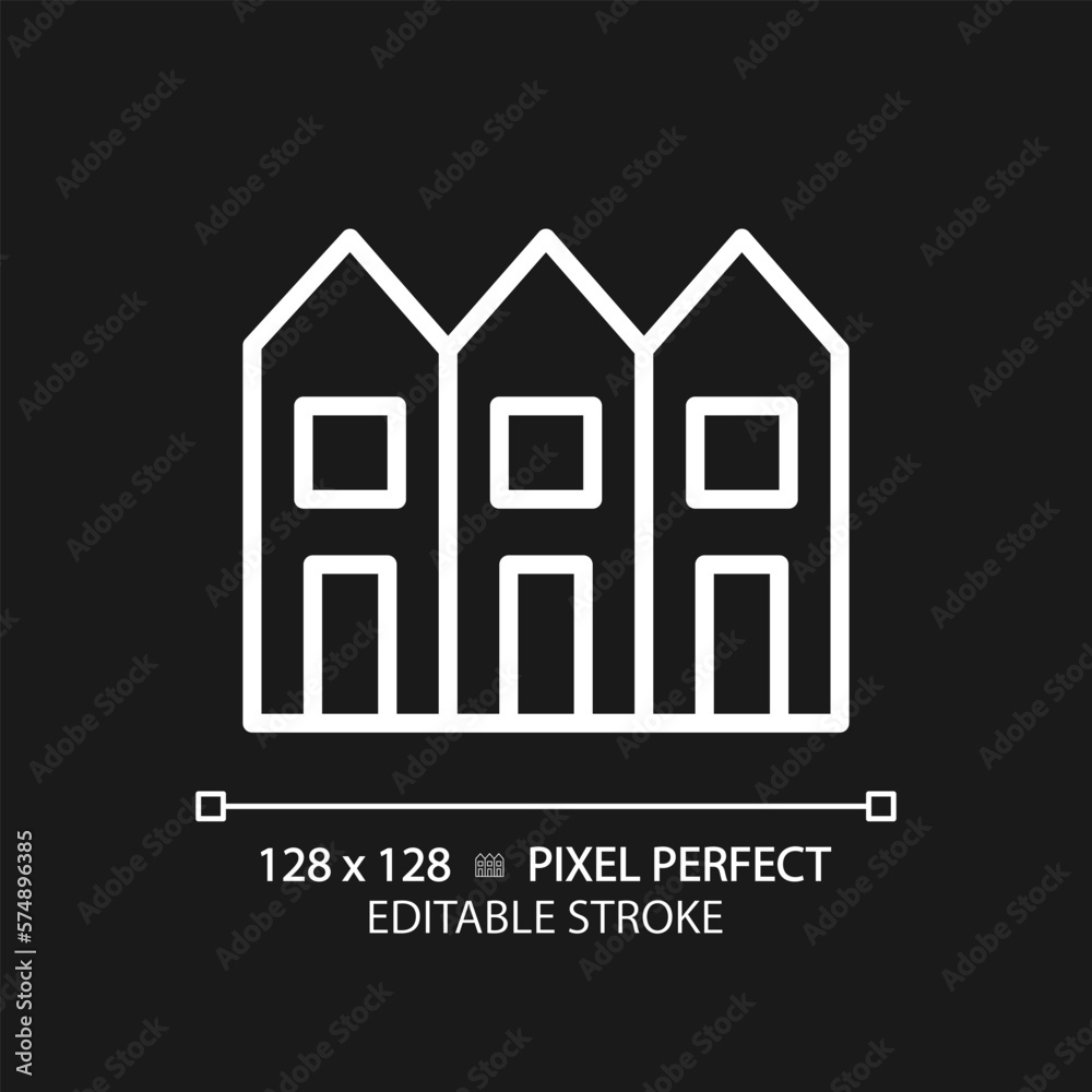 Townhouse pixel perfect white linear icon for dark theme. Multiple floor houses in row. Luxury property. City rowhouse. Thin line illustration. Isolated symbol for night mode. Editable stroke