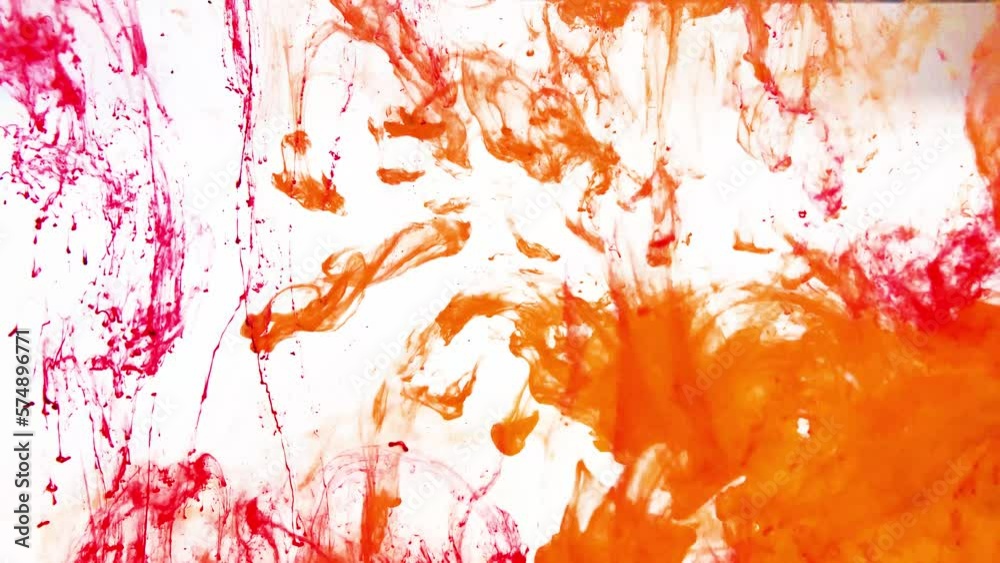 インクドロップ　水中を渦巻く赤とオレンジのインク　白背景　Ink drop Red and orange ink swirling in water White background
