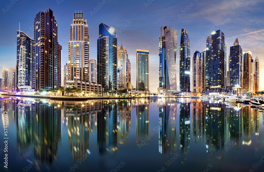 Dubai city skyline panorama at sunset, UAE marina travel photo. Dubai Business Bay skyline