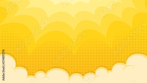Sunset bright pop art comic background with halftone color and funny cloud vector on yellow