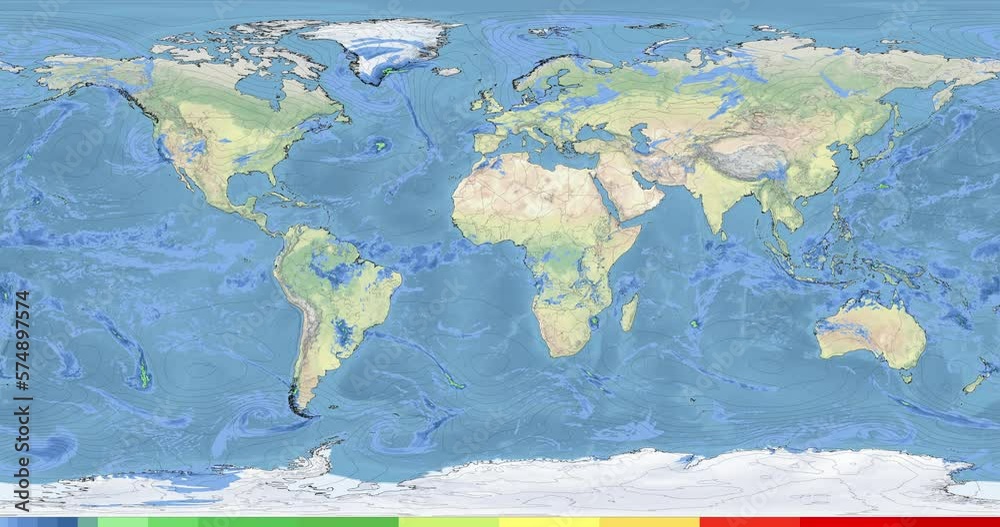 Meteorological map displays precipitation and atmospheric pressure ...