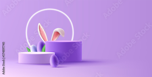 Spring Easter podium, cylinder pedestal with eggs and bunny ears and neon glowing circle, violet colors