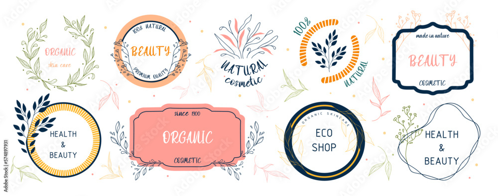 Set of floral botanical logos. Perfect for beauty and care, eco-friendly, and organic brands. Organic-themed frames.