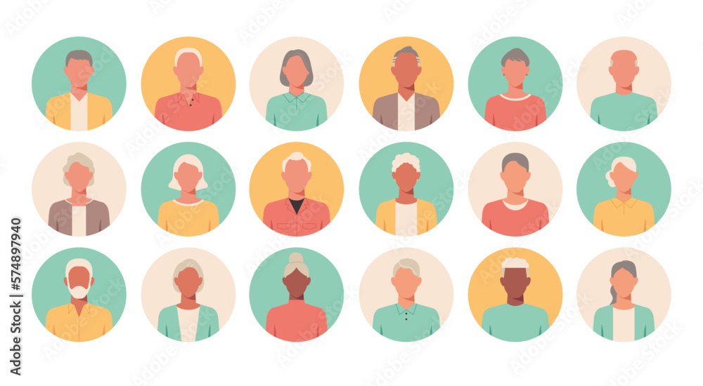 People portraits of older men and women, senior men and women faceless avatars in round isolated icon set, vector flat illustration
