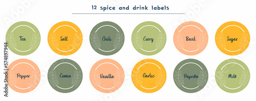 Labels with different seasonings for the organizer jars. Spice stickers for the pantry. Stickers for marking kitchen food containers. Kitchen organization.