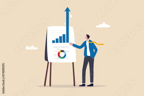 Fototapete Present company growth, boost profit or increase revenue, success investment or growing sales, report or improvement statistics concept, businessman present graph with high improvement bar chart