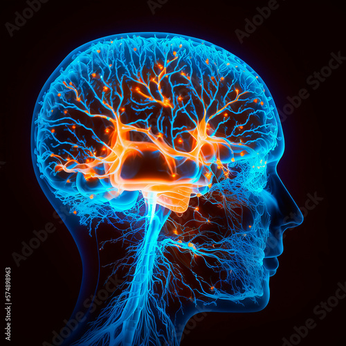 generative ai illustration of Human head with glowing neurons in brain