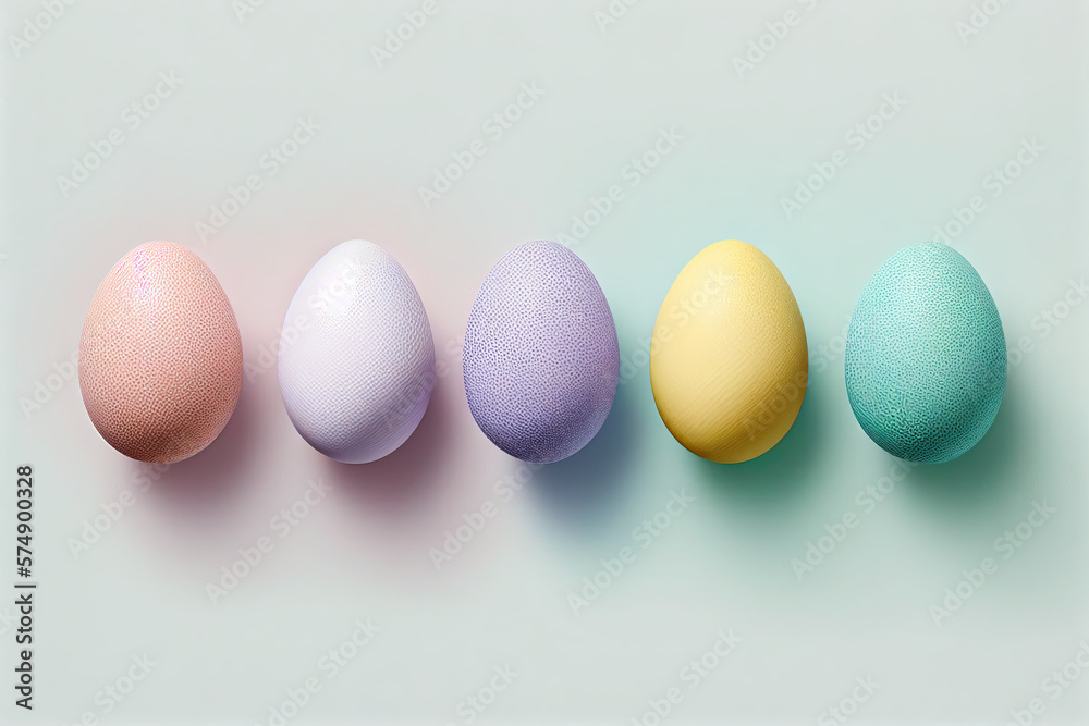 A row of colorful easter eggs on white background generative AI