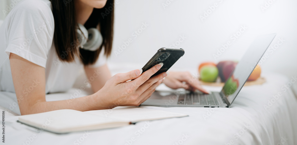 Good Healthy woman drinking tea and resting in white bed at bedroom. Lifestyle at home concept in morning. Good Healthy woman drinking tea and resting in white bed at bedroom. Lifestyle at home concept in morning.