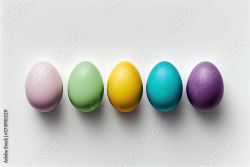 A row of colorful easter eggs on white background generative AI