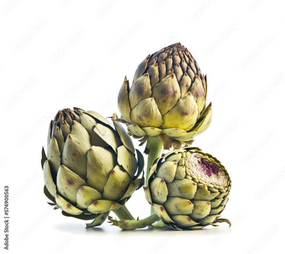 Obraz premium three artichokes isolated on white background.generative AI. 