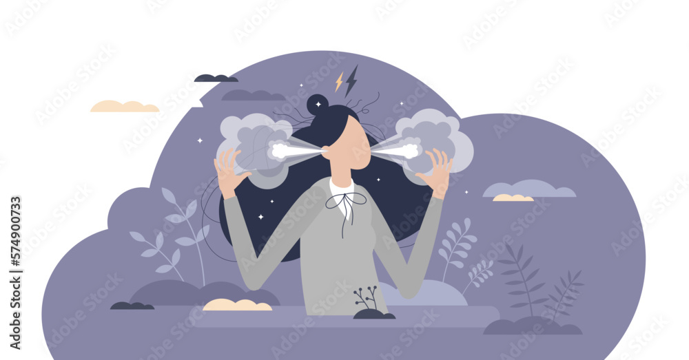Angry woman with temper character and furious emotions tiny person concept, transparent background. Annoyed female with steam smoke from ears and negative frustration pose illustration.
