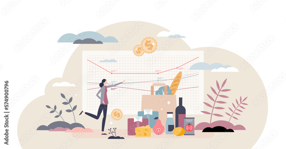 Consumer price index or CPI for average market basket tiny person concept, transparent background. Household consumer goods and services purchase statistical rate illustration.