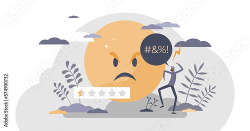 Angry customer feedback for bad and negative service tiny persons concept, transparent background. Face expression emotions about disappointment in product quality illustration.