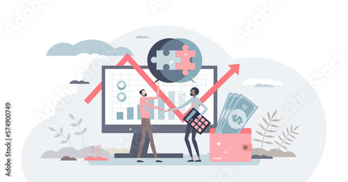 Business acquisition and other company purchase deal tiny person concept, transparent background. Organisation consolidation and merging after successful buying contract illustration. © VectorMine