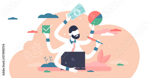 Busy entrepreneur illustration, transparent background. Multitasking process flat tiny persons concept. Professional time and workload management skill. Business lifestyle under pressure.