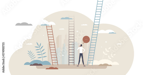 Career choice with professional work options ladders tiny person concept  transparent background. Decision making for business direction and development strategy illustration.