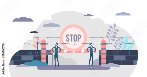 Closed border crossing point concept, flat tiny persons illustration, transparent background. Corona virus COVID-19 pandemic quarantine or other country official restrictions.