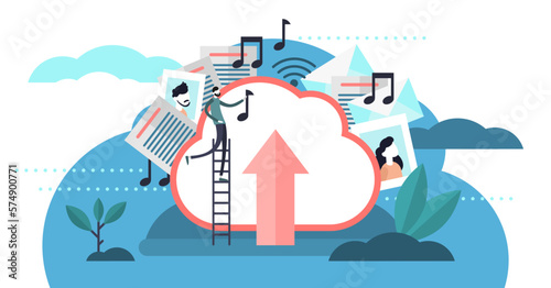 Cloud storage illustration, transparent background. Flat tiny persons uploading files concept. Virtual HDD space for multimedia, documents and music.