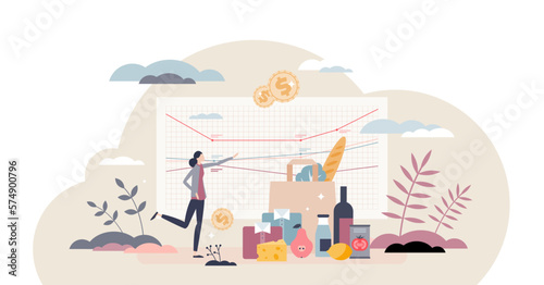 Consumer price index or CPI for average market basket tiny person concept, transparent background. Household consumer goods and services purchase statistical rate illustration.