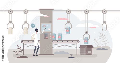 Food production and automated dairy manufacturing process tiny person concept, transparent background. Grocery supply chain system with packaging conveyor in modern 4.0 factory illustration.