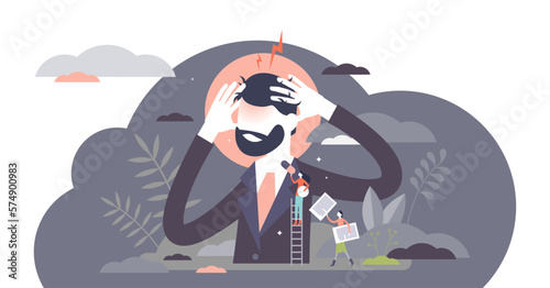 Headache illustration, transparent background. Head pain feeling flat tiny persons concept. Migraine painkillers and medical help with medication and pharmacy therapy.