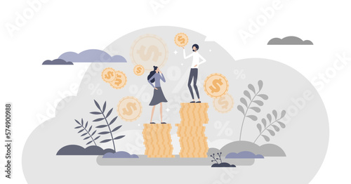 Inequality as financial gender injustice and wage gap tiny persons concept, transparent background. Economical discrimination with uneven salary for same work illustration.