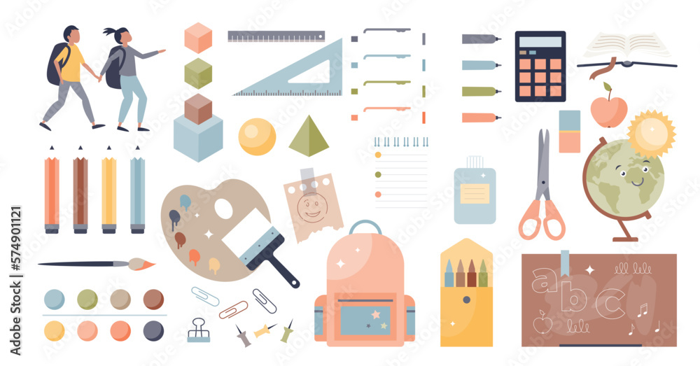 School supplies and stationary items for learning tiny person collection set, transparent background. Kids schoolbag contents with pen, pencils, water colors, scissors, ruler. School supplies and stationary items for learning tiny person collection set, transparent background. Kids schoolbag contents with pen, pencils, water colors, scissors, ruler.