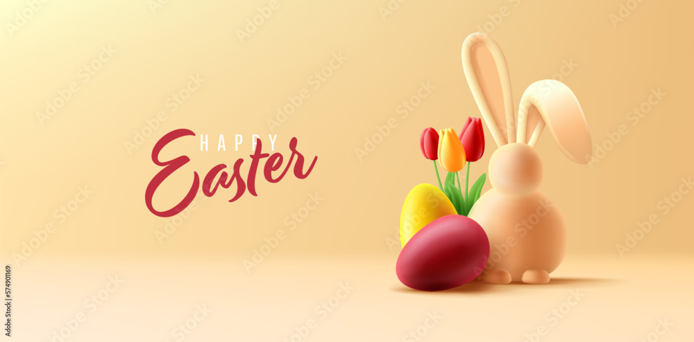 Easter poster with 3d render illustration of coloured eggs, easter bunny and tulips flower on orange background Easter poster with 3d render illustration of coloured eggs, easter bunny and tulips flower on orange background