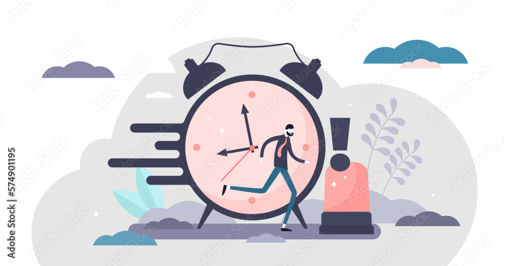 Urgency in business project deadline flat tiny persons concept illustration, transparent background. Time management with stressful hurry moment abstract visualization.