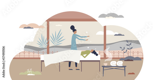 Reiki treatment as energy ritual practice for recovery tiny person concept, transparent background. Technique method for alternative medicine after disease or illness illustration.