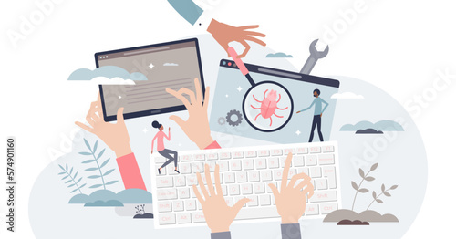 Software testing as website check for bugs or errors tiny person concept, transparent background. Debugging development process with programming and coding illustration. API prototyping and look.