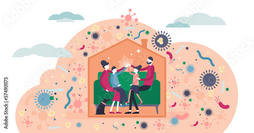 Stay home illustration  transparent background. Family inside house tiny persons concept. Corona virus Covid-19 transmission risk prevention by not going outside.
