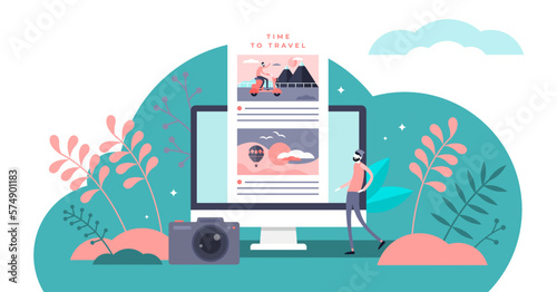 Travel blog illustration, transparent background.Flat tiny adventure notes person concept.Vacation, journey, trip or holidays memories sharing in social web platform scene.