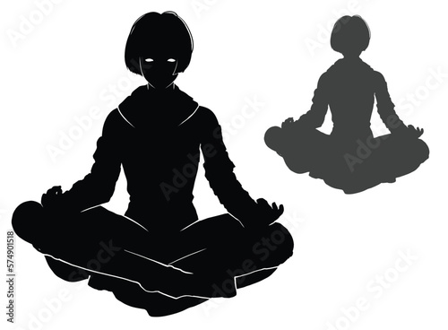 A black silhouette with a meditating girl floating in the air, she has a square hairstyle, her fingers are folded in a gesture and her legs are crossed in a lotus pose. 2d simple art