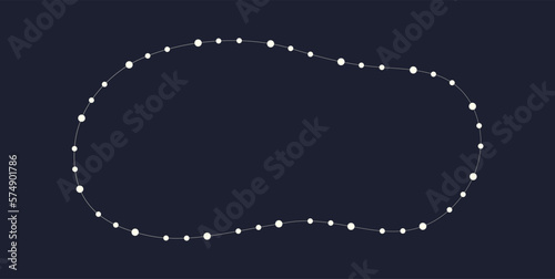 Fairy lights blob border frame. White string garland with text space isolated on dark background. Christmas tree, New Year party decorations template with transparency.