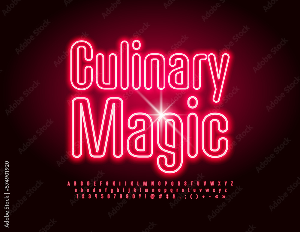 Vector advertising concept Culinary Magic with Red Neon Font. Light tube set of Alphabet Letters, Numbers and Symbols