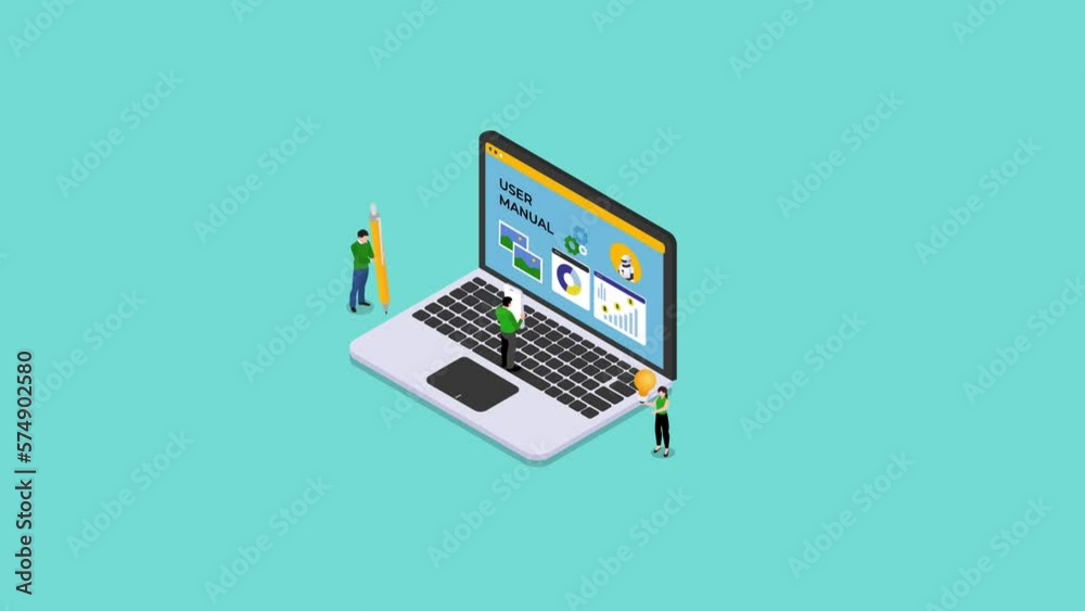 looking at user manual paper on a big laptop computer 3d animation in ...