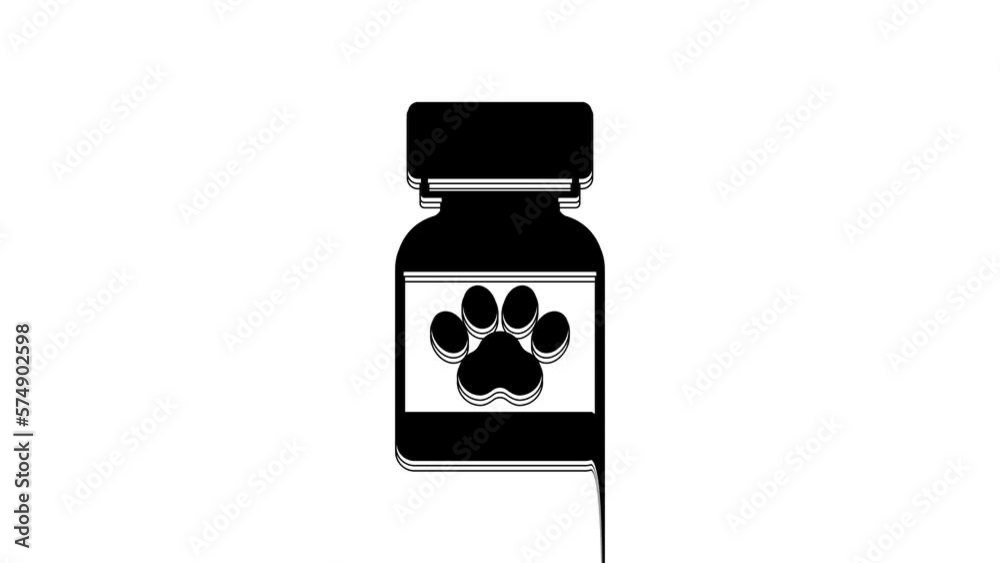 Black Medicine bottle and pills icon isolated on white background. Container with pills. Prescription medicine for animal. 4K Video motion graphic animation Black Medicine bottle and pills icon isolated on white background. Container with pills. Prescription medicine for animal. 4K Video motion graphic animation