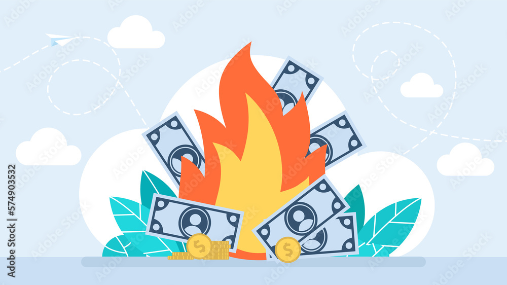 Money burn. Burning money. Paper banknotes are burning in the fire. Bankrupt. The inflation dollar bills money on fire. Concept of currency devaluation, property insurance, wealth. Flat illustration Money burn. Burning money. Paper banknotes are burning in the fire. Bankrupt. The inflation dollar bills money on fire. Concept of currency devaluation, property insurance, wealth. Flat illustration