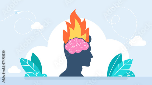 Head with the brain inside is on fire. Headache and stress. Anger, fury, annoyance. Burnout, stress, emotional problem. Burning brain. Aflame mind. Head fire flame. Mental illness. Flat illustration photo