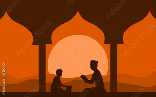 a muslim and a muslim kid reciting holy quran in mosque terrace while waiting iftar time in ramadan