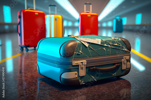Broken and cracked baggage traveling suitcase during the flight at the baggage claim on the issuing belt. Generative AI photo