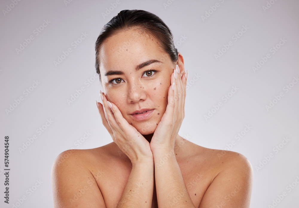 Face portrait, skincare beauty and woman in studio isolated on a gray background. Makeup, natural cosmetics and young female model with glowing, healthy and flawless skin after spa facial treatment. Face portrait, skincare beauty and woman in studio isolated on a gray background. Makeup, natural cosmetics and young female model with glowing, healthy and flawless skin after spa facial treatment.