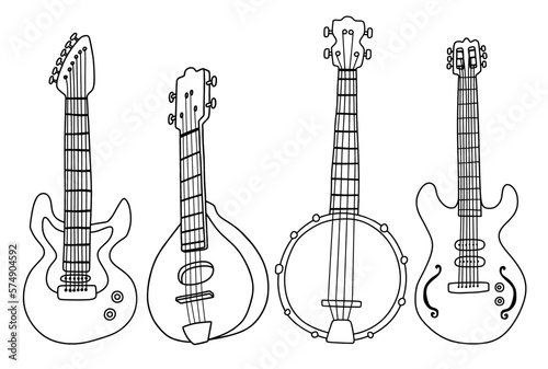 set of doddle guitar. Set of musical instruments. Electric guitar. Line art. Drawing