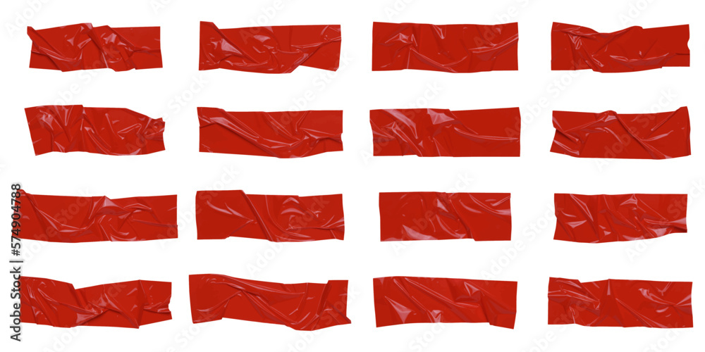 Fototapeta premium Red wrinkled adhesive tape isolated on white background. Red Sticky scotch tape of different sizes. Vector illustration.
